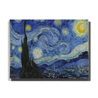 Starry night village with tall cypress tree, swirling blue sky, yellow stars, crescent moon, rolling hills, and classic Van Gogh-inspired brush movement.