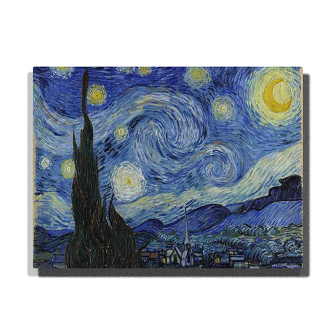Starry night village with tall cypress tree, swirling blue sky, yellow stars, crescent moon, rolling hills, and classic Van Gogh-inspired brush movement.