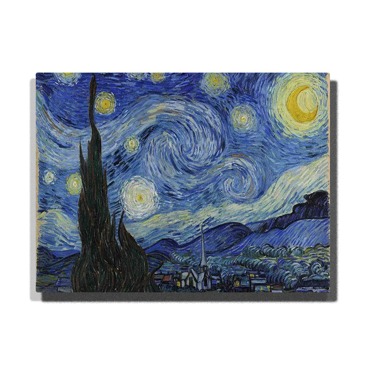 Starry night village with tall cypress tree, swirling blue sky, yellow stars, crescent moon, rolling hills, and classic Van Gogh-inspired brush movement.