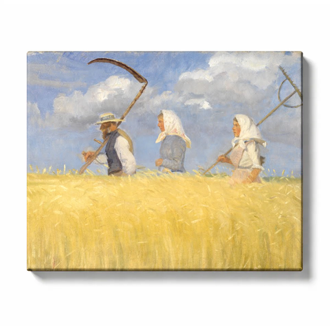 Harvesters 1905 by Anna Ancher Paint by Numbers For Adults featuring three workers walking through a golden wheat field beneath a blue summer sky