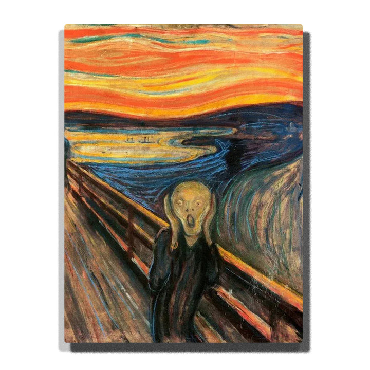 The Scream 1893 by Edvard Munch Paint by Numbers For Adults featuring anguished figure on bridge beneath swirling orange sky and dark blue fjord