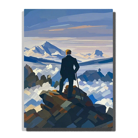 Wanderer above the Sea of Fog 1818 by Caspar David Friedrich Paint by Numbers featuring solitary man overlooking misty blue mountains from rocky summit