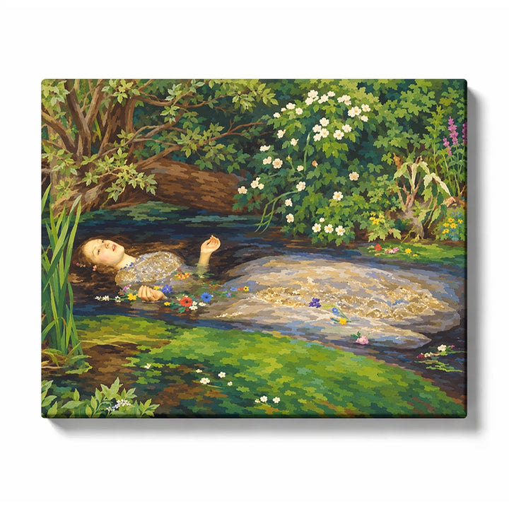 Ophelia after John Everett Millais, floating among river flowers and green foliage