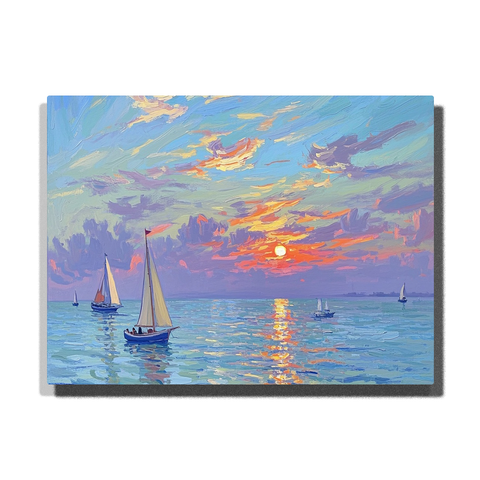 Paint by numbers kit featuring sailboats on ocean at sunset with colorful sky reflections and calm waves
