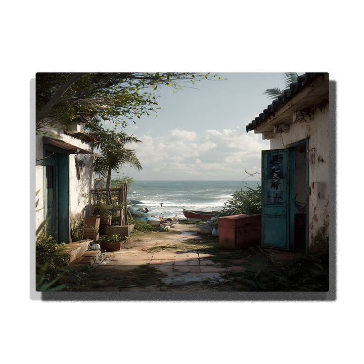 Seaside courtyard with blue wooden doors, white weathered buildings, potted plants, stone path, ocean waves, small boat, and coastal paint by numbers wall art.