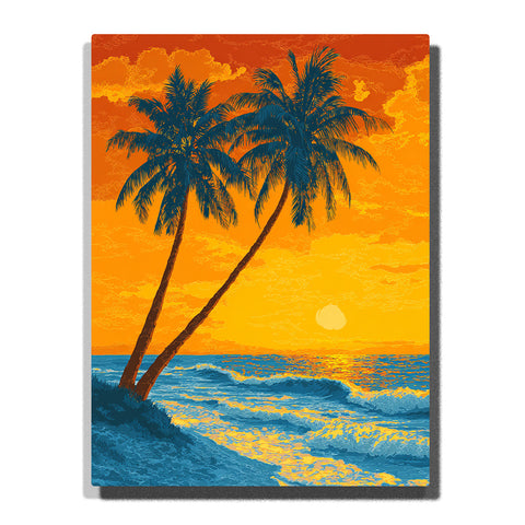 Two palm trees in dark silhouette beside a golden ocean sunset, with blue waves and glowing orange sky in this PaintEasy Paint by Numbers artwork.