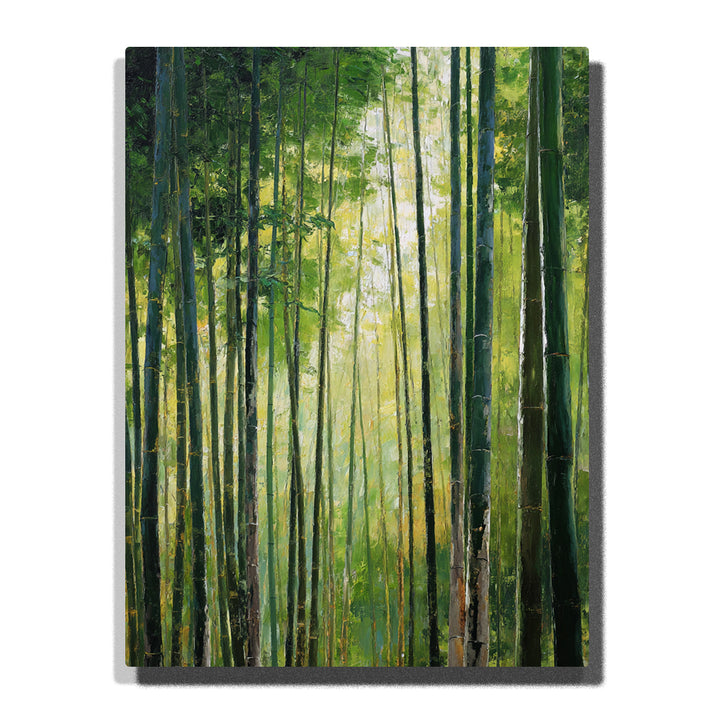 Tall green bamboo stalks rising through a sunlit grove with soft forest haze and layered foliage in this PaintEasy Paint by Numbers artwork.