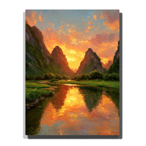 A glowing river reflecting golden sunset light between steep mountain peaks and green valley banks in this PaintEasy Paint by Numbers artwork.