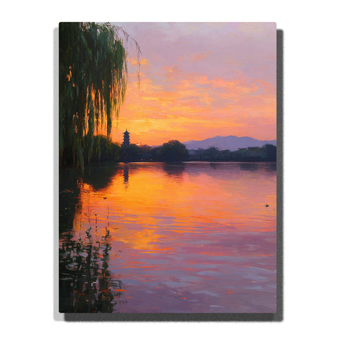 A willow-lined lake reflecting peach sunset light, with a distant pagoda silhouette and soft mountains on the horizon in this PaintEasy Paint by Numbers artwork.