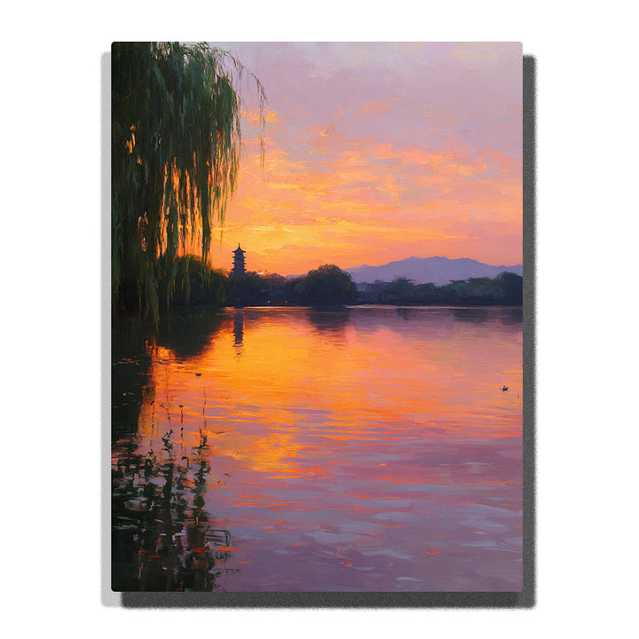 A willow-lined lake reflecting peach sunset light, with a distant pagoda silhouette and soft mountains on the horizon in this PaintEasy Paint by Numbers artwork.