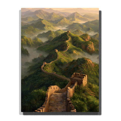The Great Wall winding across green mountain ridges with watchtowers, golden morning light, and mist-filled valleys in this PaintEasy Paint by Numbers artwork.