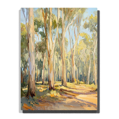 Sunlit eucalyptus grove with tall pale trunks, soft green foliage, and dappled woodland shadows, landscape paint by numbers wall art by PaintEasy