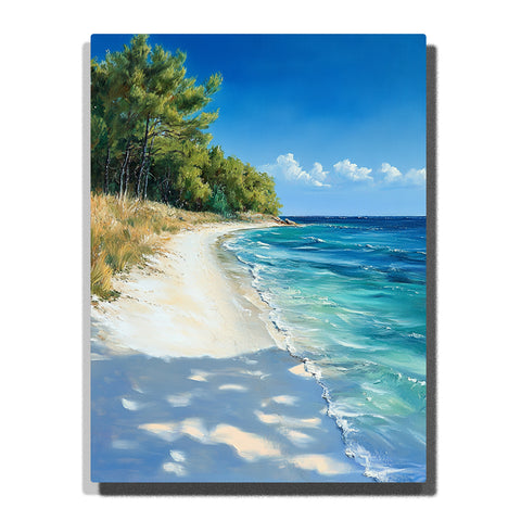 A sunny white sand beach with turquoise waves, deep blue water, golden grasses, and a pine-lined shoreline beneath a clear blue sky in this PaintEasy Paint by Numbers artwork.