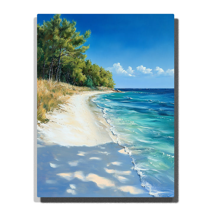 A sunny white sand beach with turquoise waves, deep blue water, golden grasses, and a pine-lined shoreline beneath a clear blue sky in this PaintEasy Paint by Numbers artwork.