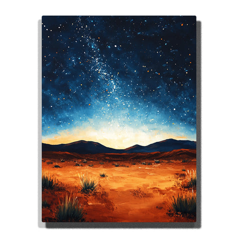 A starry desert landscape with warm sandy ground, dark distant hills, sparse shrubs, and a glowing blue night sky in this PaintEasy Paint by Numbers artwork.