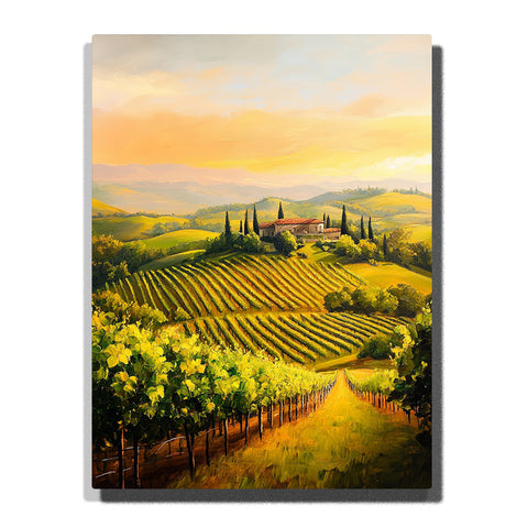 Sunlit vineyard hills with cypress trees, a Tuscan villa, and golden green rows of grapevines, landscape paint by numbers wall art by PaintEasy