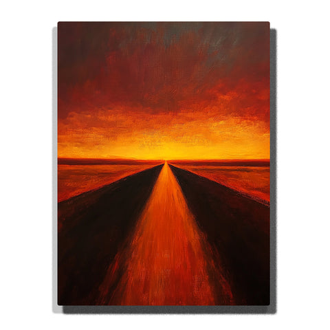 A long straight road leading into a fiery orange horizon beneath a dark red sky in this PaintEasy Paint by Numbers artwork.