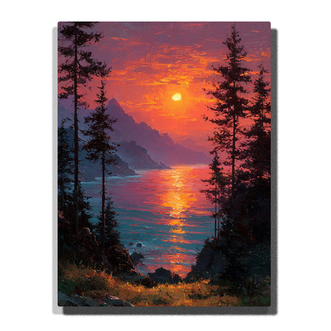 A fiery sunset glowing over a lake with bright reflections, framed by tall dark pine trees and distant mountain silhouettes in this PaintEasy Paint by Numbers artwork.