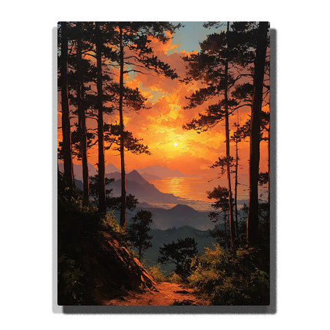 A sunset forest path between tall pine trees overlooking a golden coastal bay, layered hills, and glowing orange clouds in this PaintEasy Paint by Numbers artwork.
