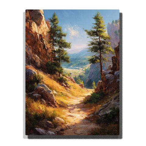 A sunlit mountain path winding between rocky cliffs and tall pine trees, opening toward a bright valley and distant blue hills in this PaintEasy Paint by Numbers artwork.