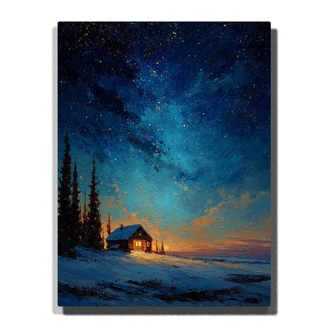 A snowy cabin with glowing windows beneath a deep blue star-filled night sky, surrounded by dark pine trees and open winter ground in this PaintEasy Paint by Numbers artwork.