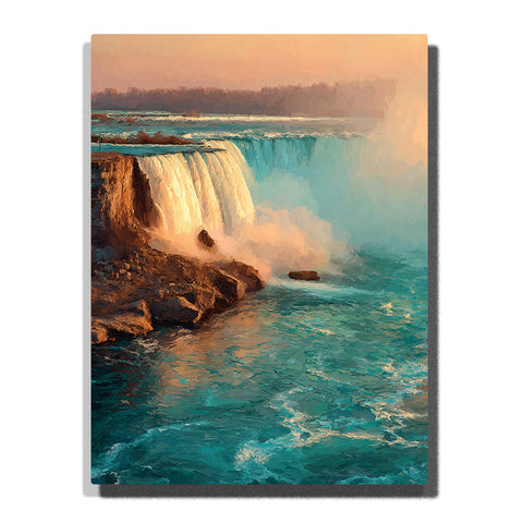 A wide turquoise waterfall flowing over rocky cliffs into misty foaming water under a warm peach evening sky in this PaintEasy Paint by Numbers artwork.