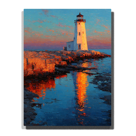 A white lighthouse on a rocky harbor point with orange sunset reflections stretching across deep blue water in this PaintEasy Paint by Numbers artwork.