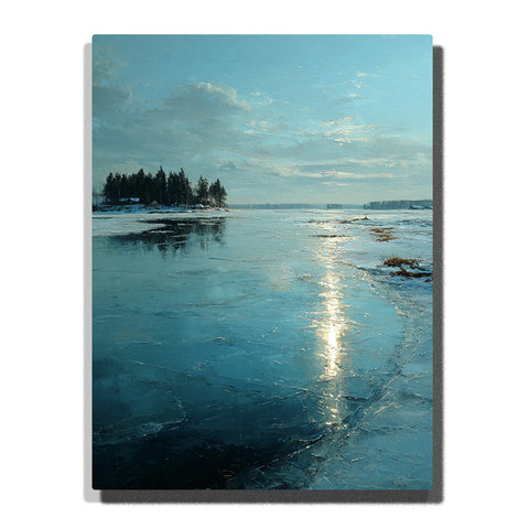 A frozen winter lake with a bright sunlight reflection, icy blue surface, distant pine shoreline, and cloudy sky in this PaintEasy Paint by Numbers artwork.