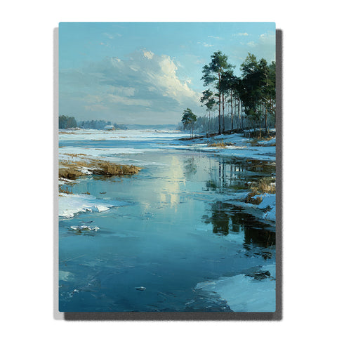 A snowy river bend with icy reflections, tall pine trees on the bank, open winter fields, and a cloudy blue sky in this PaintEasy Paint by Numbers artwork.
