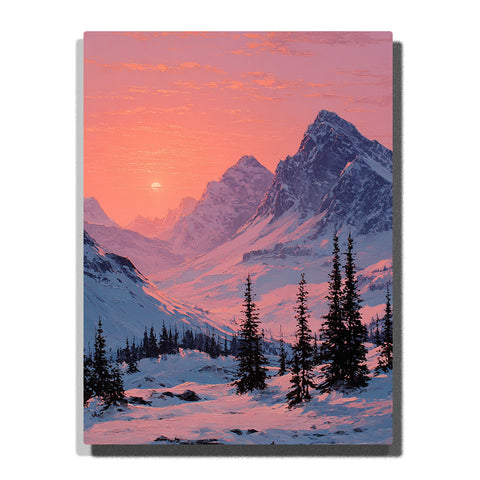 Snowy mountain peaks glowing in pink sunrise light, with dark pine trees in the foreground and layered alpine ridges in this PaintEasy Paint by Numbers artwork.