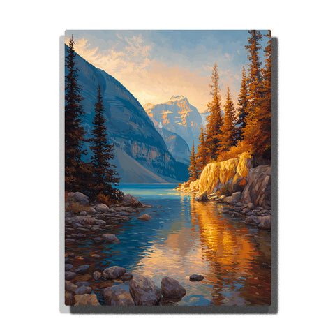 Golden river inlet beneath a sunlit alpine horizon with rocky banks, evergreen trees, clear reflections, and calm mountain light, landscape paint by numbers wall art by PaintEasy