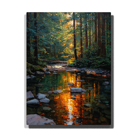 Golden forest reflections along a quiet woodland stream with evergreen trees, glowing water, scattered stones, and deep natural shade, landscape paint by numbers wall art by PaintEasy