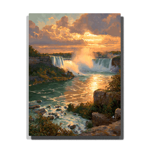 Sunlit twin waterfalls beneath a radiant cloud-broken sky with glowing mist, blue-green river, rocky ledges, and dramatic landscape light, landscape paint by numbers wall art by PaintEasy