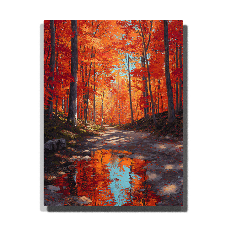 Flame-red forest trail with mirror puddle reflections, bright autumn leaves, dark tree trunks, and glowing woodland light, landscape paint by numbers wall art by PaintEasy