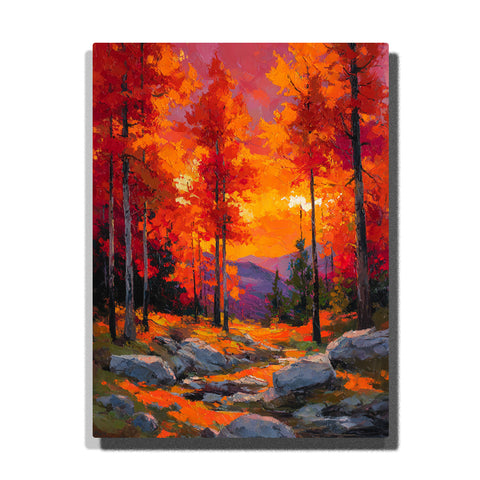 Fiery autumn forest path through sunlit mountain pines with red orange foliage, rocky trail, and glowing seasonal landscape light, landscape paint by numbers wall art by PaintEasy