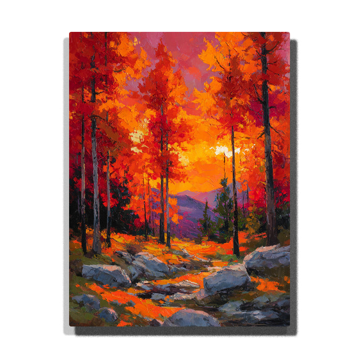 Fiery autumn forest path through sunlit mountain pines with red orange foliage, rocky trail, and glowing seasonal landscape light, landscape paint by numbers wall art by PaintEasy