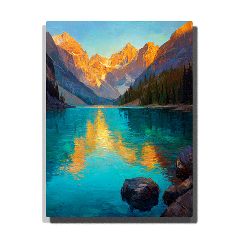 Golden mountain reflections across a turquoise alpine lake with sunlit peaks, evergreen shoreline, and clear blue-green water, landscape paint by numbers wall art by PaintEasy