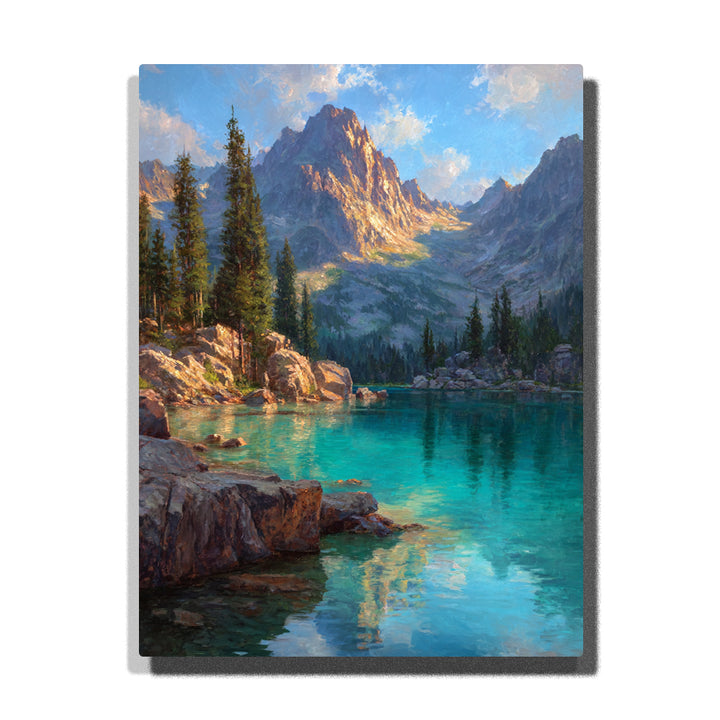 Turquoise alpine lake beneath sunlit mountain peaks with rocky shoreline, evergreen trees, and clear reflective water, landscape paint by numbers wall art by PaintEasy