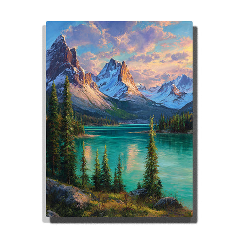 Turquoise mountain lake beneath rose gold alpine peaks with snow-capped mountains, evergreen shoreline, and glowing evening sky, landscape paint by numbers wall art by PaintEasy