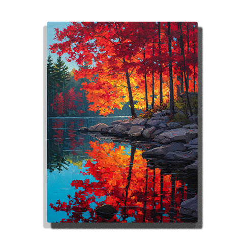 Crimson lakeside trees with mirror-bright autumn reflections, rocky shoreline, dark water, and vivid red forest color, landscape paint by numbers wall art by PaintEasy