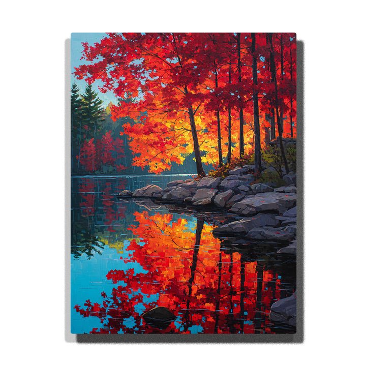 Crimson lakeside trees with mirror-bright autumn reflections, rocky shoreline, dark water, and vivid red forest color, landscape paint by numbers wall art by PaintEasy