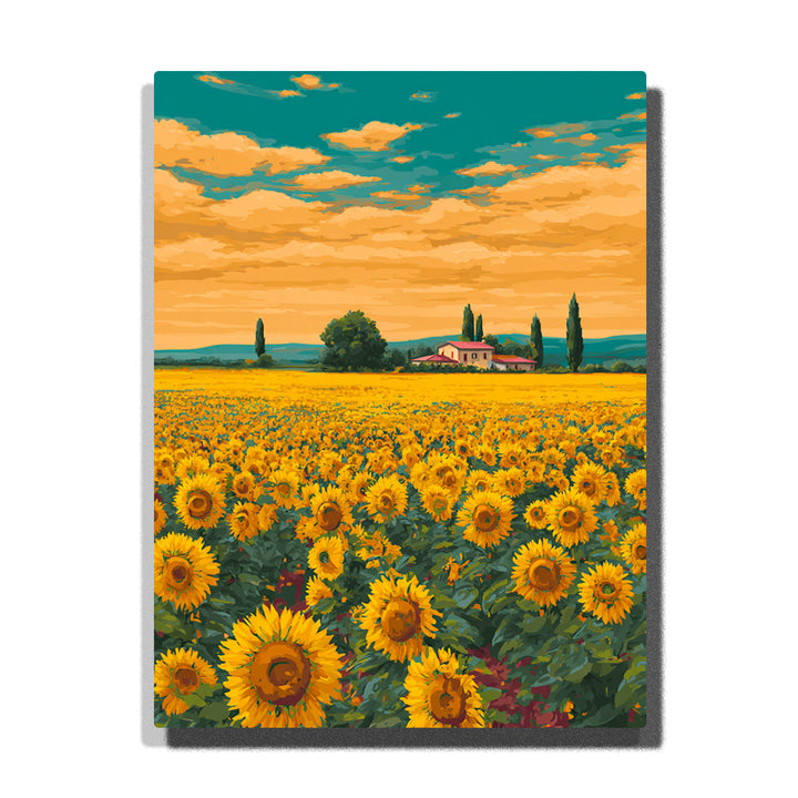 Sunflower fields surrounding a quiet country house with bright yellow blooms, green foliage, and a glowing blue sky, landscape paint by numbers wall art by PaintEasy