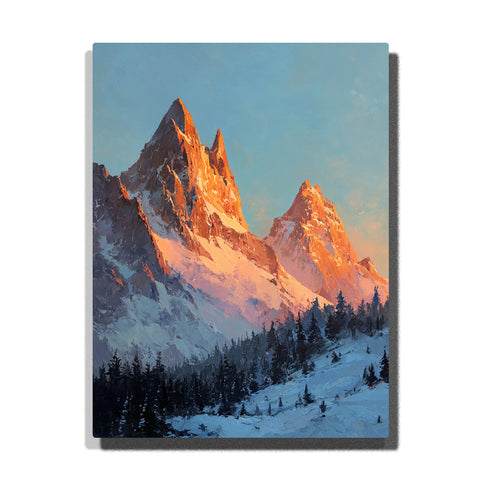 Sunlit snow peaks above a dark pine forest with icy slopes and warm alpine light, landscape paint by numbers wall art by PaintEasy