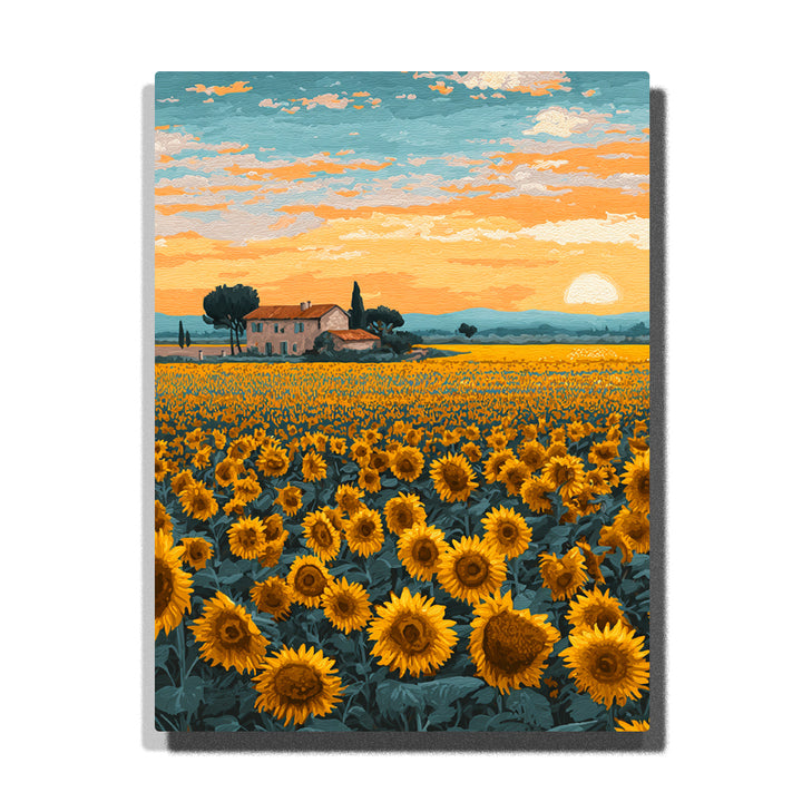 Golden sunflower sea beneath a pale setting sun with open floral fields, distant farmhouse, and soft evening sky, landscape paint by numbers wall art by PaintEasy