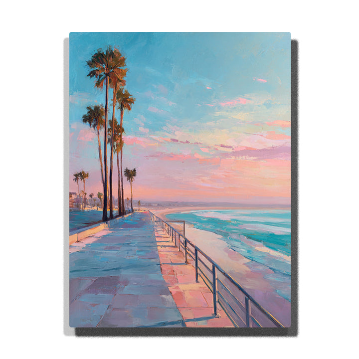 Palm-lined seaside promenade beneath a pink blue evening sky with ocean waves, pastel coastal walkway, and tall palm trees, landscape paint by numbers wall art by PaintEasy