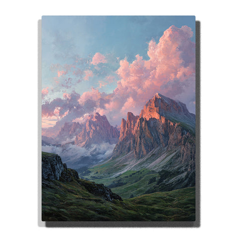 Rose cloud peaks beneath a blue sky over a lush alpine valley with jagged mountains, misty slopes, and layered green terrain, landscape paint by numbers wall art by PaintEasy