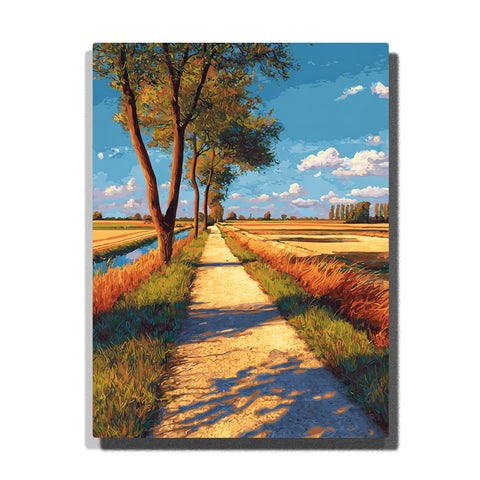 Sunlit country path between golden fields and tall trees with blue sky, white clouds, and long cool shadows, landscape paint by numbers wall art by PaintEasy