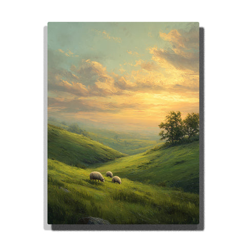 Golden valley light over a quiet green hillside with grazing sheep, rolling slopes, distant mist, and a glowing pastoral sky, landscape paint by numbers wall art by PaintEasy