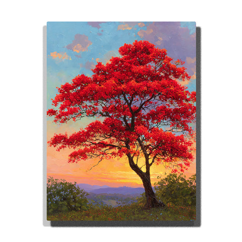 Crimson blossom tree above a golden evening horizon with vivid red foliage, soft distant hills, and glowing sunset sky, landscape paint by numbers wall art by PaintEasy