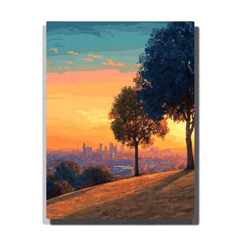 Sunset hilltop trees above a distant city skyline with glowing orange sky, sloping hillside, and hazy urban horizon, landscape paint by numbers wall art by PaintEasy